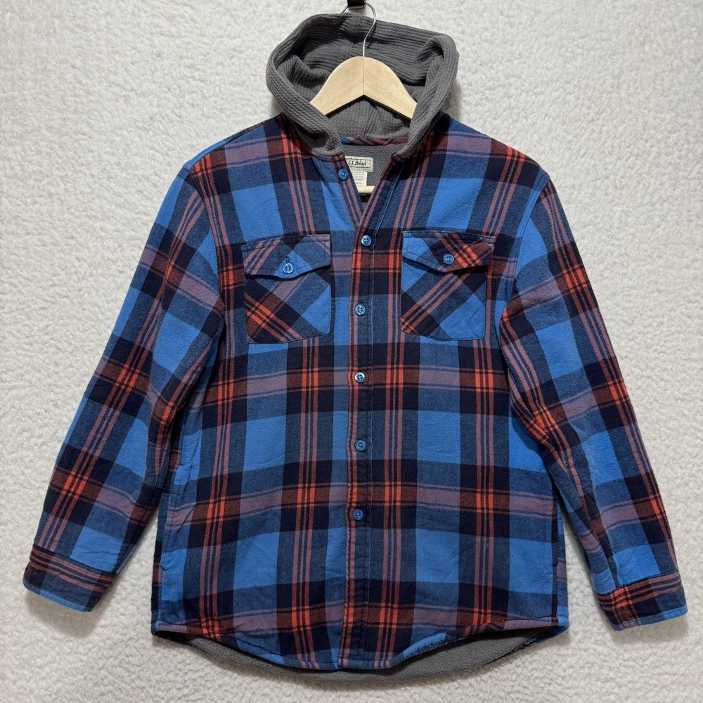 LL Bean Womens Size L/Kids 14-16 Flannel Shacket Fleece Lining Hood Pockets